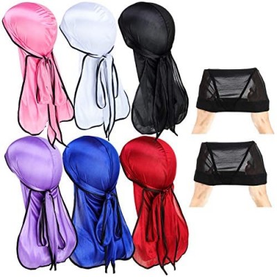 6 Pieces Silky Durag Pack for Men Women Waves  Satin Doo Rag  Variety Satin Silky Durag Headscarf Soft Cap for Hair Waves with 2 Wave Caps