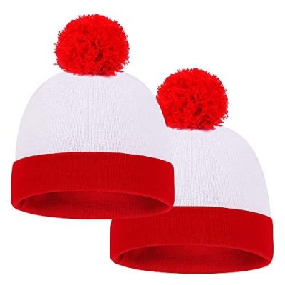 BAODLON Halloween Knit Hat Beanie Hat - 2 Pack Pom Pom Cuff Beanie Hats - Red White Knitted Hat - Halloween Costume Beanies - Christmas Cuff Knit Hat
