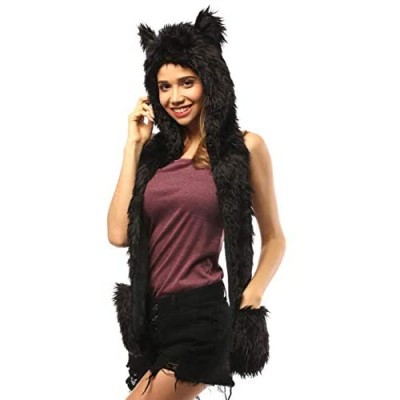 Faux Fur Animal Hat Scarf Gloves Mittens 3-in-3 Function Furry Hoodie with Paws Ears