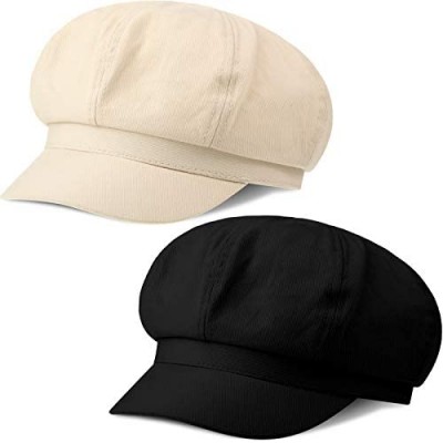 2 Pieces Summer Newsboy Cap Adjustable Visor Beret Hats Soft 8 Panels Vintage Cabbie Hat Octagonal Cap for Women Girls Black and Beige