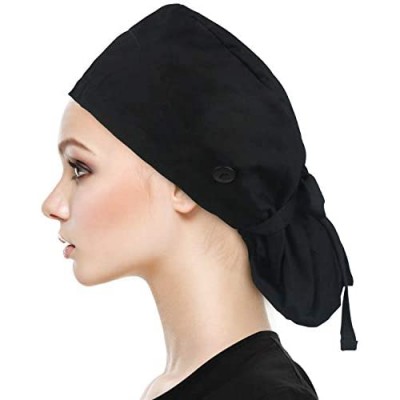 QBA Adjustable Working Cap with Button Long Hair  Sweatband Cotton Ponytail Holder  Tie Back Hats for Women & Men  One Size