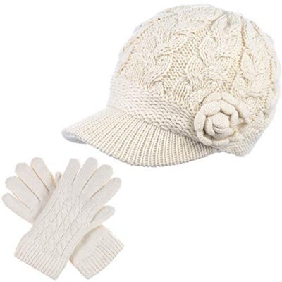 Womens Winter Elegant Cable Flower Knitted Newsboy Cabbie Cap Beret Beanie Hat with Visor  Warm Plush Fleece Lined