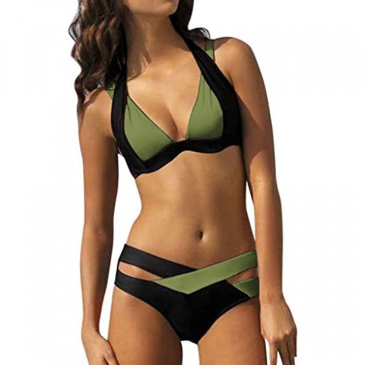 WOCACHI Swimsuits for Womens Cross Bandage Bikini Set Push-Up Brazilian Swimwear Beachwear Swimsuit