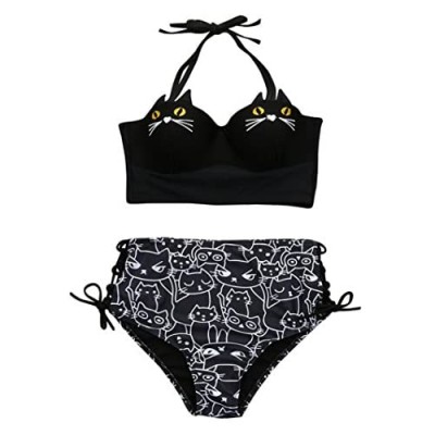 WOCACHI Women 2021 Summer Girls Cute Halter Kitty Cat Bikini Set Underwire Padded Bathing Swimsuit Swimwear
